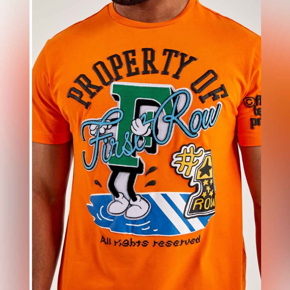 First Row Orange Graphic T-Shirt. 3D Textured
Size medium
